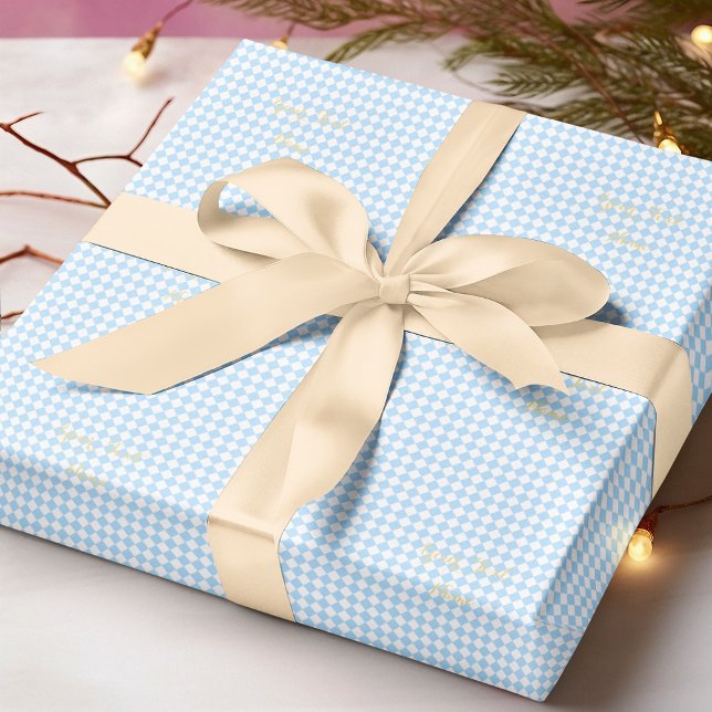 Papier Cadeau Enfants personnalisés Baby Boy Blue White Checker  (Custom Kids Baby Boy Blue White Checker Gold Text Wrapping Paper)
