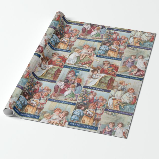 Papier Cadeau Enfants victoriens de charme avec Noël du Père (Déroulé)