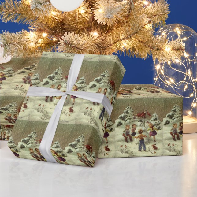 Papier Cadeau Enfants vintages faisant un bonhomme de neige (Vacances)