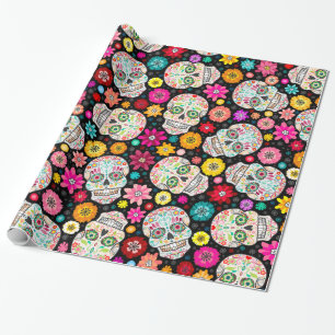 Papier Cadeau Enveloppe colorée de noir de fiesta de crâne et de