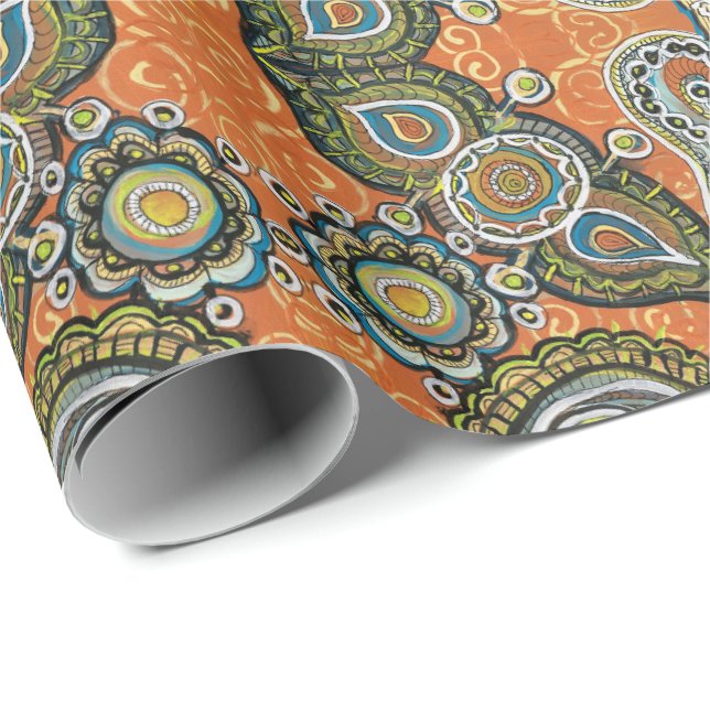 Papier Cadeau enveloppe de cadeau orange de Paisley (Coin rond)