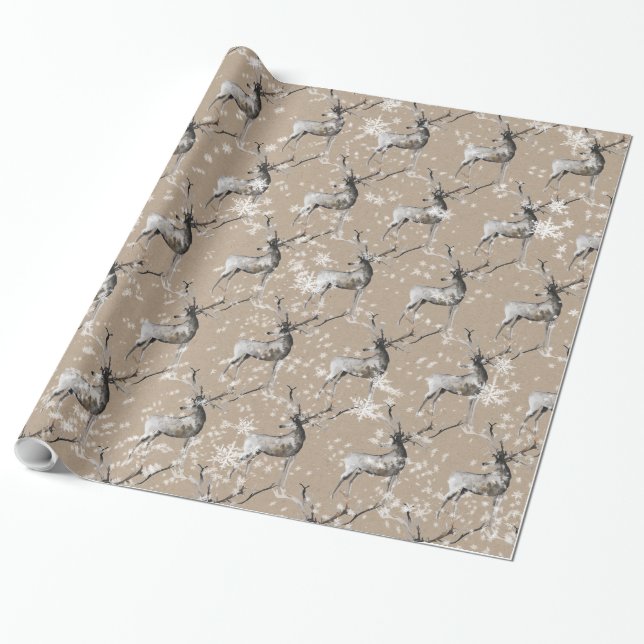 Papier Cadeau Enveloppement de papier Kraft Snowy Reindeer (Déroulé)