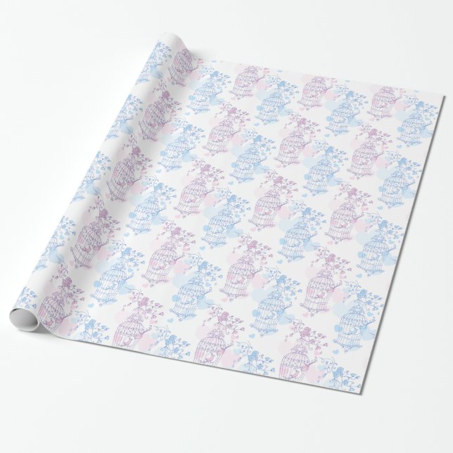 Papier Cadeau Enveloppement mariage rose violet en cage pour ois (Déroulé)