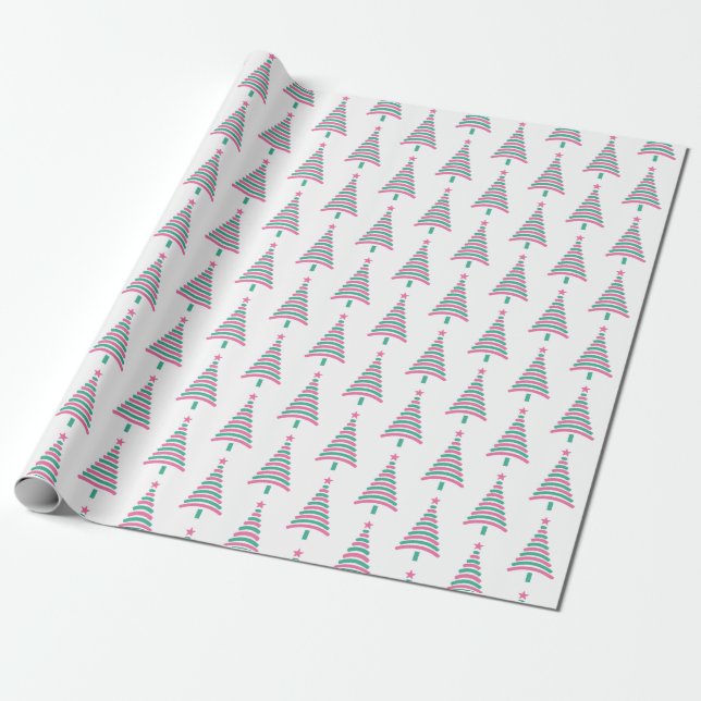 Papier Cadeau Enveloppement moderne des arbres de Noël rose et v (Déroulé)