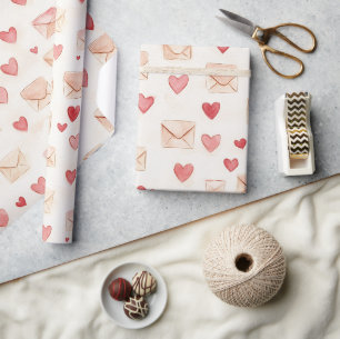 Papier Cadeau Enveloppes crème coeurs rouges Amour 