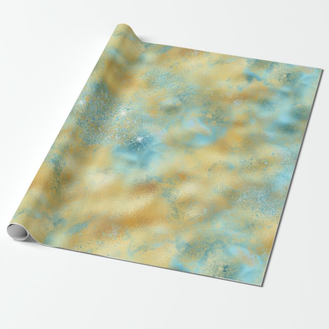 Papier Cadeau Éperche Aqua Gold Glitz (Déroulé)
