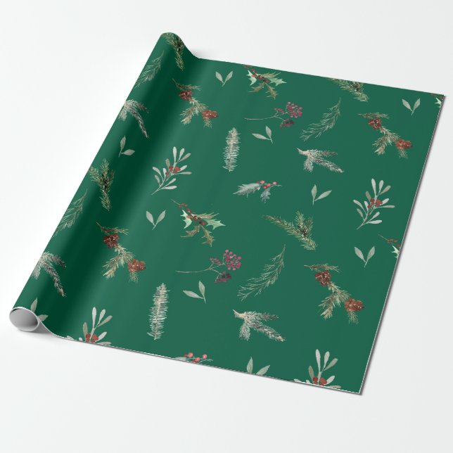 Papier Cadeau Épicéa de Noël et Baies Rouges Vert Forêt (Déroulé)