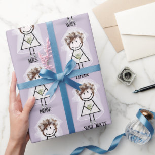 Papier Cadeau Épouse Stick Girl en Basket et Bouquet