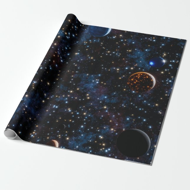 Papier Cadeau Espace avec galaxies, étoiles et planètes (Déroulé)