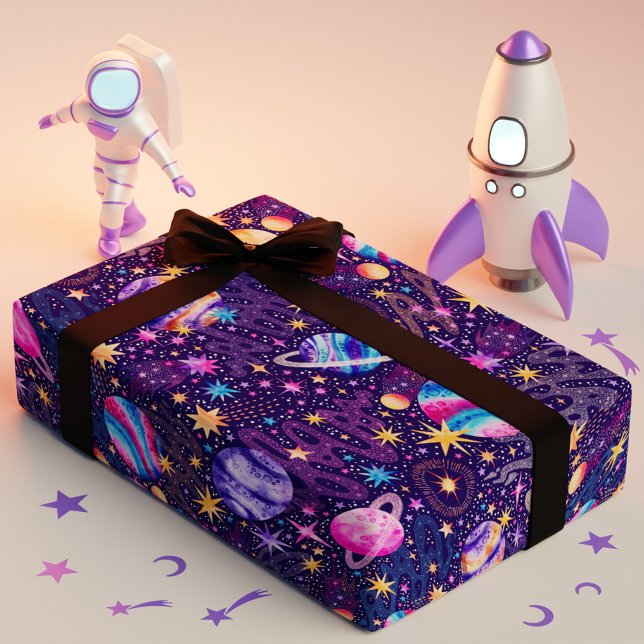 Papier Cadeau Espace extra-atmosphérique Galaxie avec Planètes G (Outer space Galaxy with Planets Galaxies and Stars Wrapping Paper)