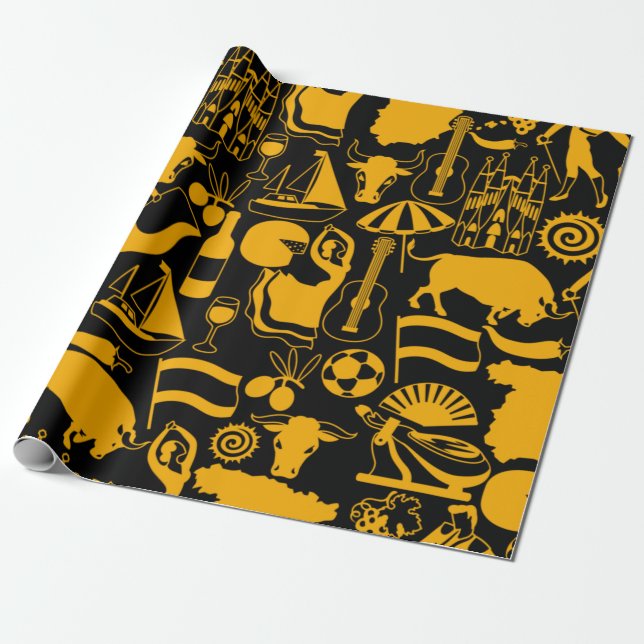 Papier Cadeau Espagne et traditions espagnoles Noir et Orange (Déroulé)