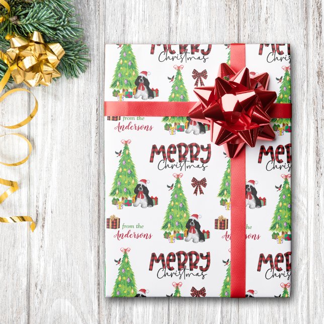 Papier Cadeau Espagnol Cocker Blanc Noir, Oiseau, Arbre de Noël (Créateur téléchargé)