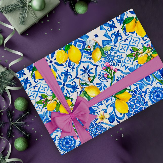 Papier Cadeau Eté majolica bleu Sicilienne agrumes méditerranéen (Créateur téléchargé)