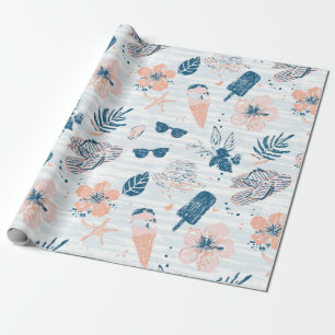 Papier Cadeau Été Plage Tropical Bleu Corail Rayé