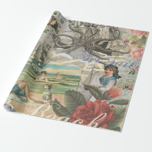 Papier Cadeau été plage vintage pieuvre antique voile