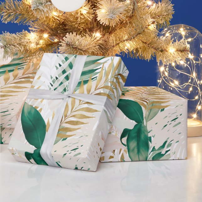 Papier Cadeau Été Tropical Green Gold Palm Foliage Verdure (Vacances)