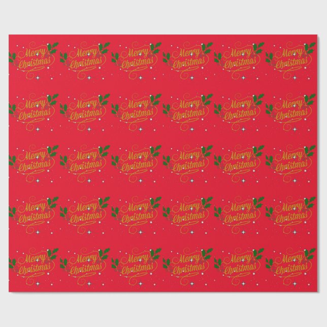 Papier Cadeau Étincelle et brillante Joyeux Noël, rouge et or, (Plat)