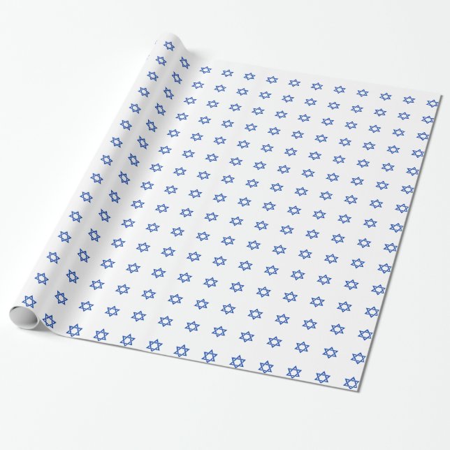 Papier Cadeau Étoile bleue de David sur blanc (Déroulé)