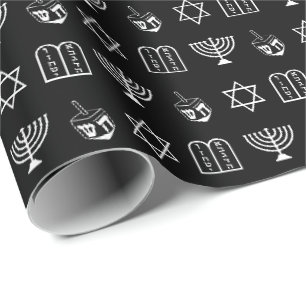 Papier Cadeau Etoile de David Dreidel Menorah Torah noir Hanoukk