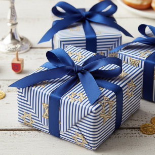 Papier Cadeau Étoile de David en or bleue saphir rayée juive