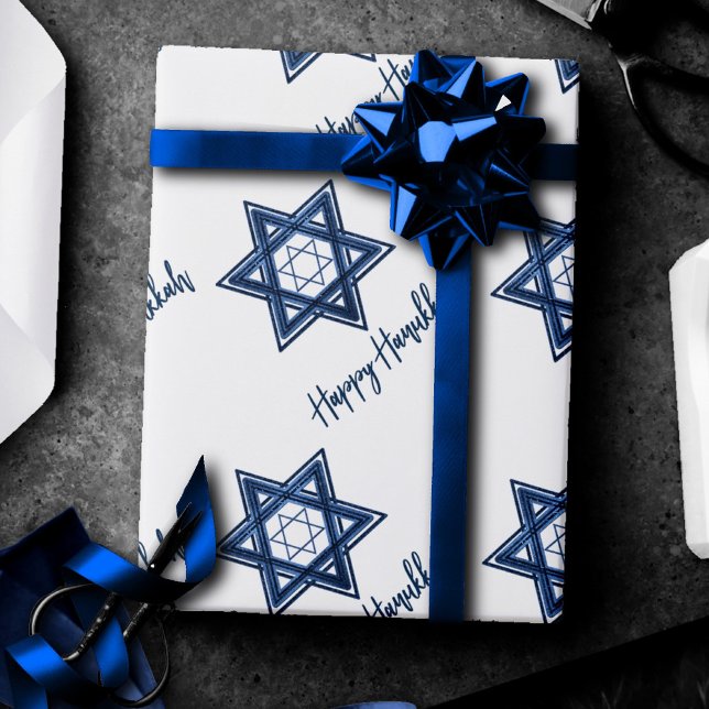 Papier Cadeau Étoile de David Motif | Blue Modern Happy Hanoukka (Créateur téléchargé)