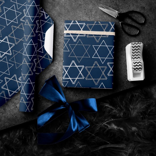 Papier Cadeau Étoile de David Motif | Marine Bleu et Argent (Créateur téléchargé)