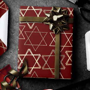 Papier Cadeau Étoile de David Motif   Moderne de l'or en rouge