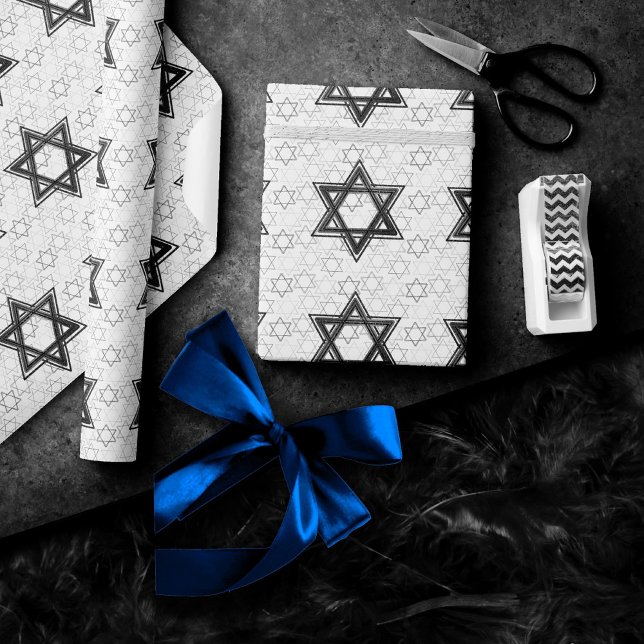 Papier Cadeau Étoile de David Motif | Moderne en noir sur blanc (Créateur téléchargé)