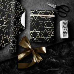Papier Cadeau Étoile de David Motif   Or moderne en noir