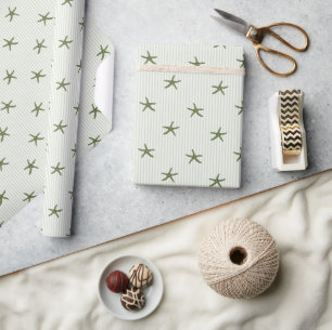 Papier Cadeau Étoile de mer côtière & Rayure Méditerranéen Olive