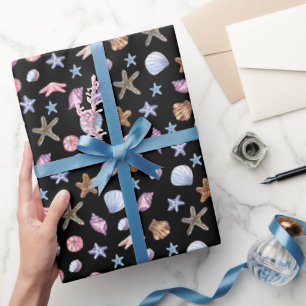 Papier Cadeau Étoile de mer et coquillage bleu et violet de l'oc