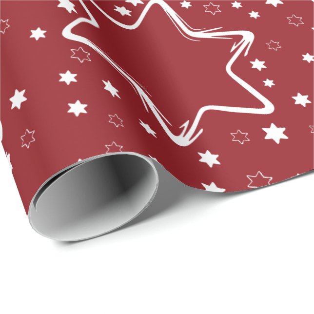 Papier Cadeau Étoiles Blanches Sur Noël Rouge (Coin rond)