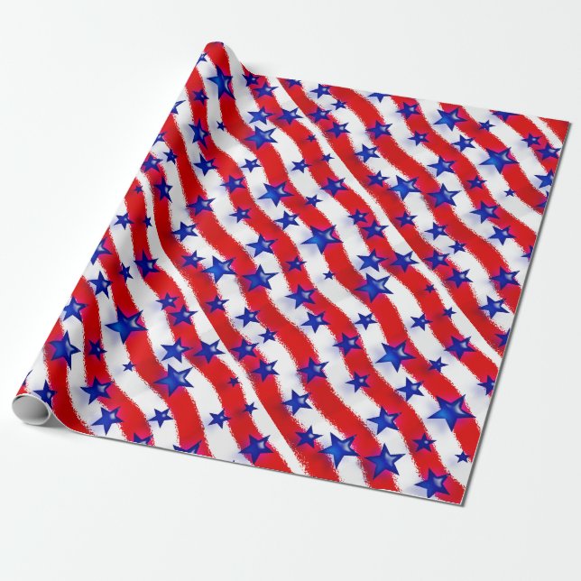 Papier Cadeau Étoiles Bleues Patriotiques Vastes Sur Des Rayures (Déroulé)