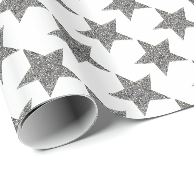 Papier Cadeau Étoiles brillantes en argent de Noël (Coin rond)