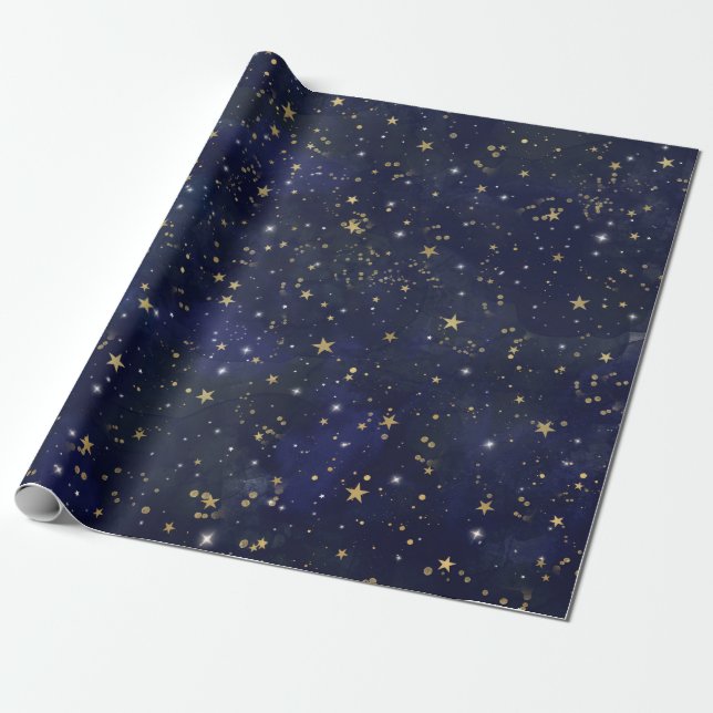 Papier Cadeau Etoiles célestes bleues et dorées Aquarelle lunair (Déroulé)