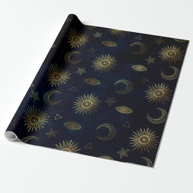Papier Cadeau Étoiles célestes Blue Gold Sun Moon (Déroulé)