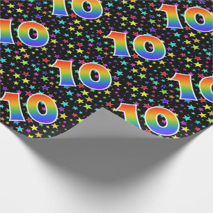 Papier Cadeau Étoiles colorées + Motif "10" d'arc-en-ciel