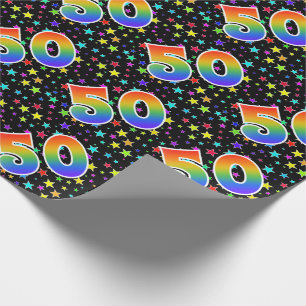 Papier Cadeau Étoiles colorées + Motif "50" d'arc-en-ciel