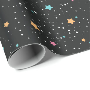 Papier Cadeau Étoiles colorées sur papier d'enveloppement noir