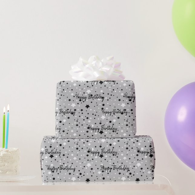 Papier Cadeau Étoiles D'Anniversaire Sur Papier Gris (Cadeaux de fête)