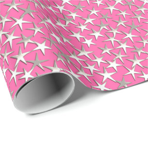 Papier Cadeau Étoiles d'argent sur fuchsia rose
