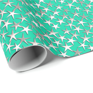 Papier Cadeau étoiles d'argent sur turquoise