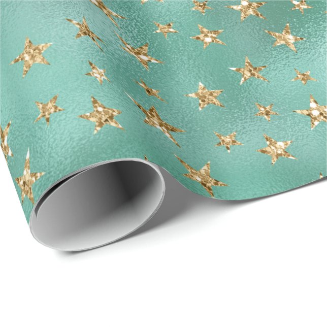 Papier Cadeau Étoiles de la Parties scintillant Gold Glam Green (Coin rond)