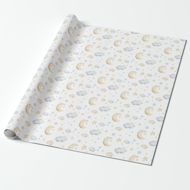 Papier Cadeau Etoiles de lune d'aquarelle et Motif de nuage (Déroulé)