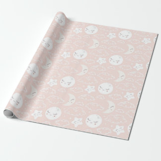 Papier Cadeau Étoiles De Lune Rose Et Nuages Baby shower Motif