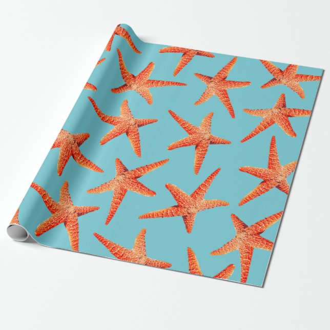 Papier Cadeau Étoiles de mer oranges rouges côtières nautiques (Déroulé)