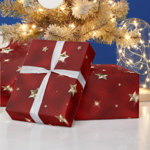 Papier Cadeau Étoiles de Noël en métal faux rouge et or