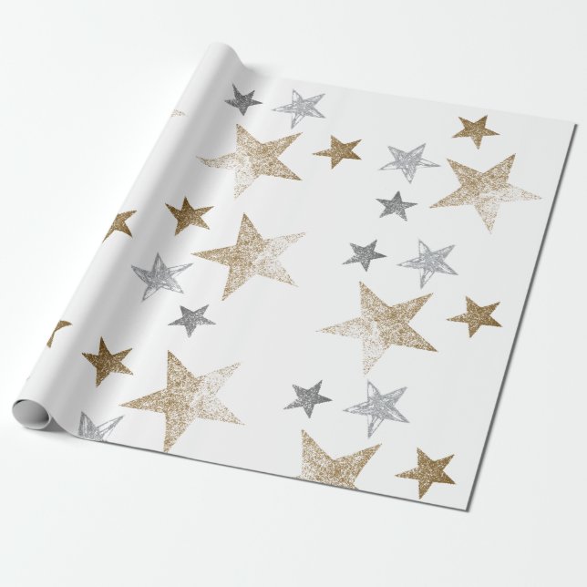Papier Cadeau Étoiles de parties scintillant or et argent (Déroulé)