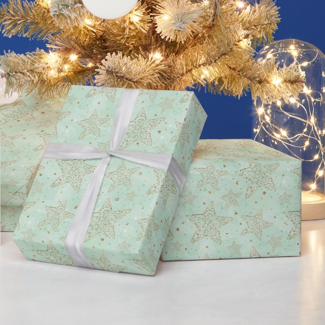 Papier Cadeau Étoiles d'or avec Arrière - plan vert pâle (Vacances)