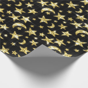 Papier Cadeau Étoiles d'or brillant Lune Ciel noir Ciel noir